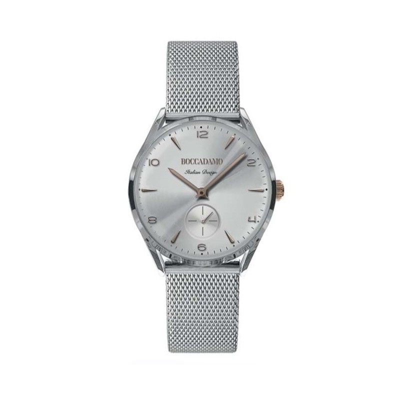 Orologio uomo silver da polso vintage con quadrante argentato con indici e numeri applicati acciaio e indicatore secondi; cinturino maglia milano piatta